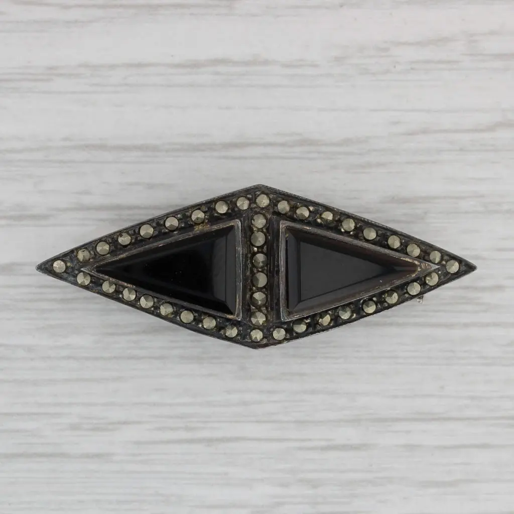 Vintage Sterling Silver Brooch with Triangle Cut Onyx and Marcasite Dots - Refined Art Deco Jewelry, Fashion Accessory for Formal Wear, Styling, Refined Finish