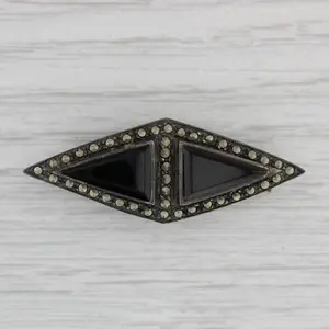 Vintage Onyx Marcasite Brooch Sterling Silver Pin