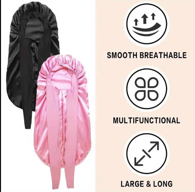 Silk 2pcs Long Hair Bonnets for Sleeping - High-Quality Satin Material with Soft Feel for Comfortable Sleepwear Haircare Black+ Pink Heatless