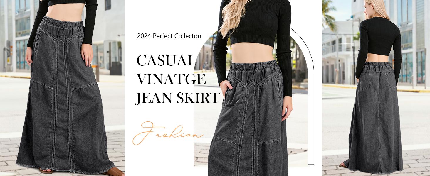 Ebossy Women's Denim Maxi Skirt with Pockets Elastic High Waist Frayed Hem A-Line Flowy Jean Skirt for Casual Wear