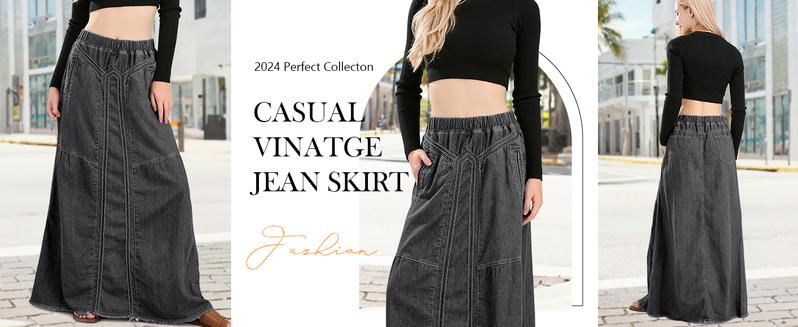 Ebossy Women's Denim Maxi Skirt with Pockets Elastic High Waist Frayed Hem A-Line Flowy Jean Skirt for Casual Wear