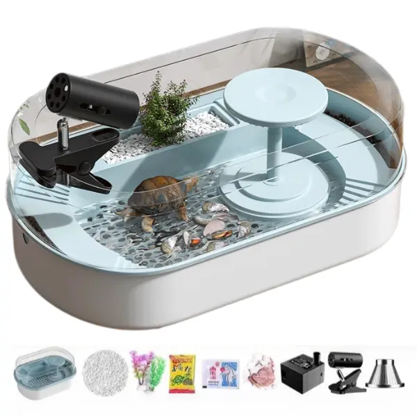 Complete Turtle Tank Habitat Kit with Circulation Pump, Basking Lamp & Drainage System, All-in-One Reptile Terrarium for Turtles, Lazy-Friendly Home with Landscaping & Easy Water Change