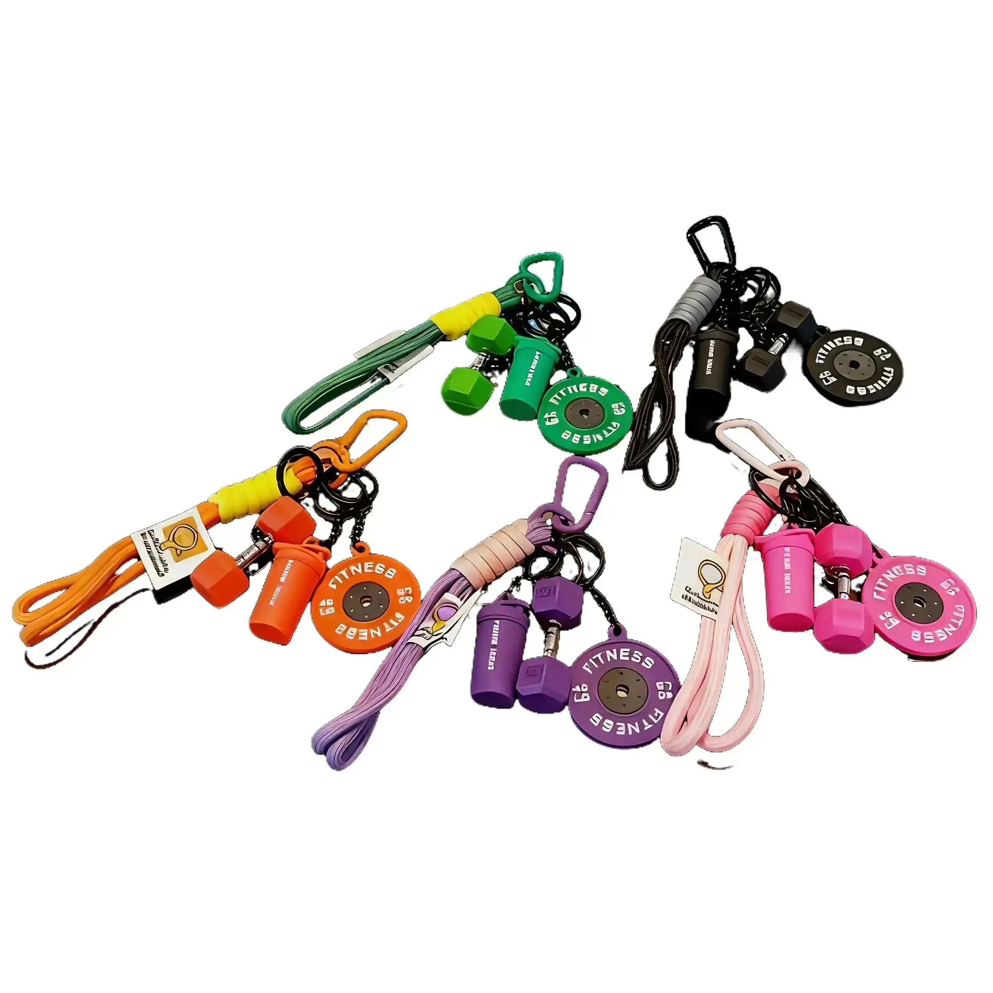 Personalized 4-Piece Bundle Keychain Set - Crafted Dumbbell, Barbell, Water Bottle (Sport Logo) Shapes, Braided Fabric Cord, Quick-Release Clasp, Engraved Text Accessories, Compact Keychain for Couples, Personalized Gifts, Bundle Keychains