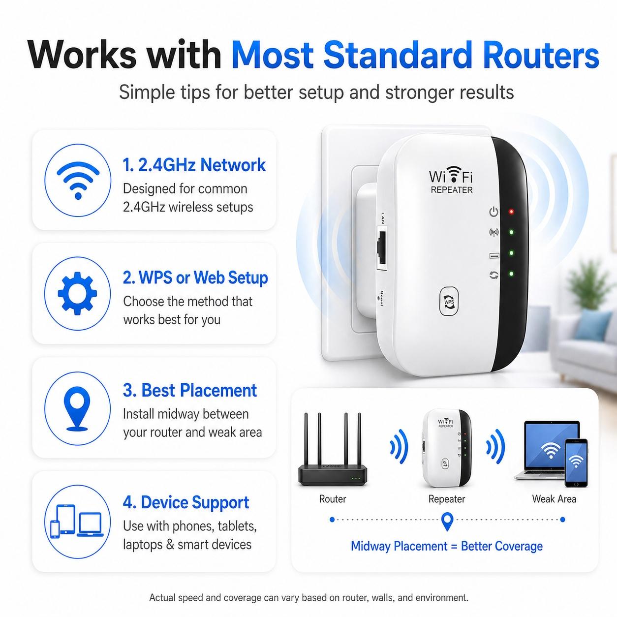 300Mbps WiFi Extender Signal Booster, Wireless Internet Repeater for Home & Office, Long Range WiFi Booster to Extend Coverage and Reduce Dead Zones