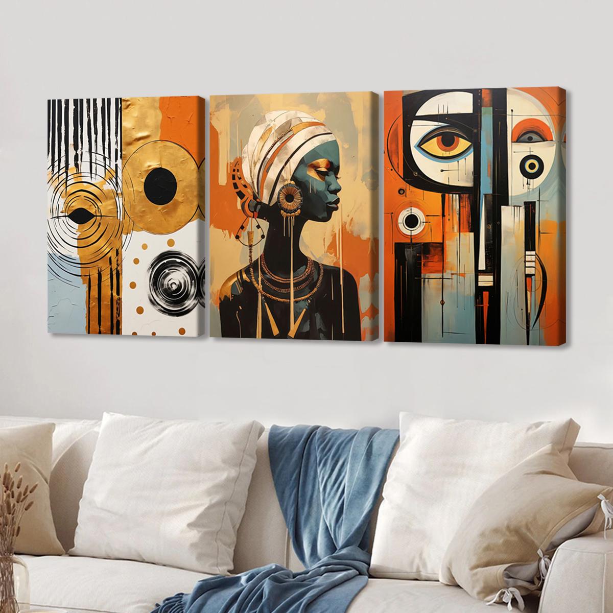 3Pcs Wooden Framed Canvas Painting, African Woman Abstract Geometric Shapes Gold Orange, Exquisite Poster, Home Decoration, Pattern Wall Art Decor, For Living Room, Bedroom, Office, Restaurant, Bar Wall Decor, Odorless, Painting, Print Artwork