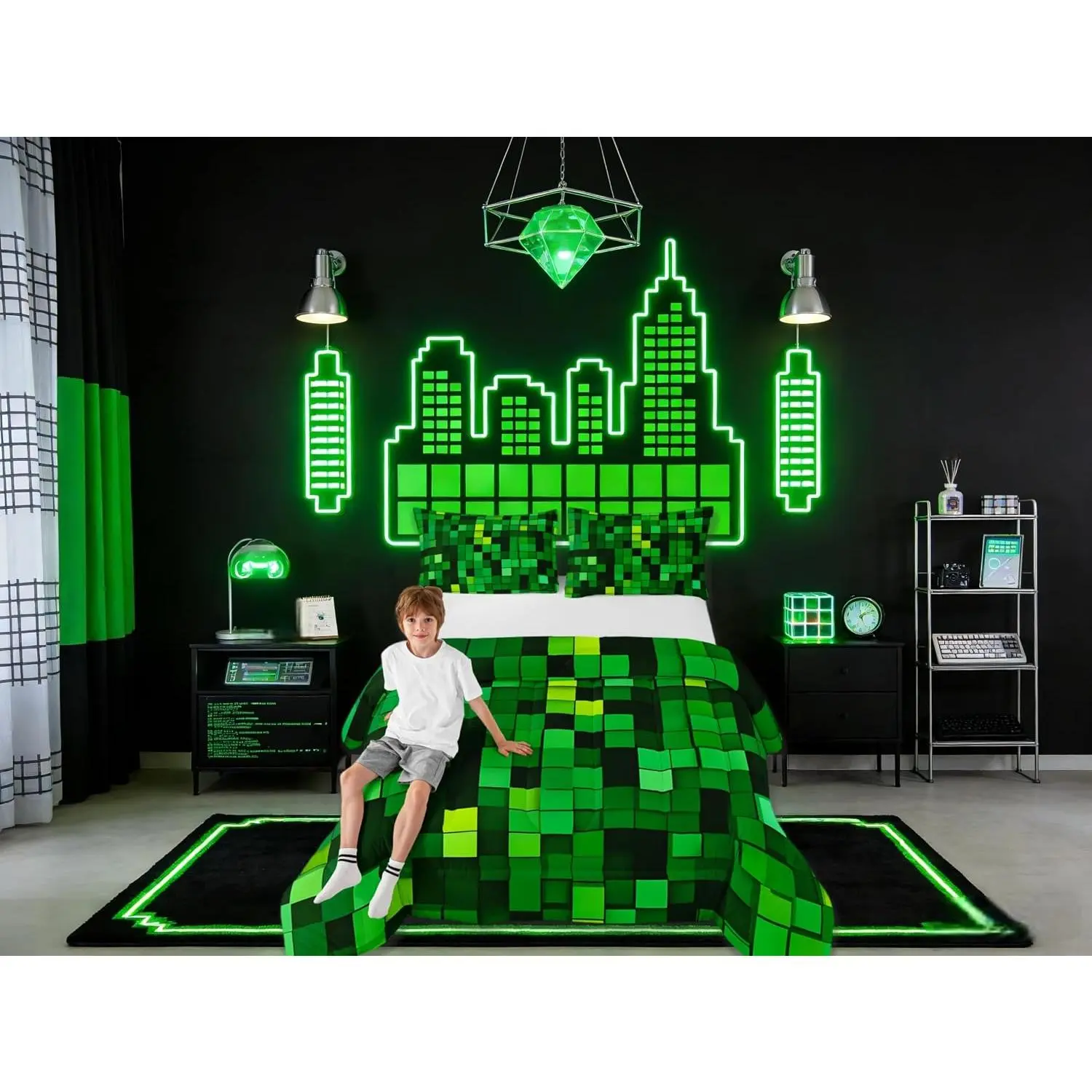 Pixelated Blocks Miners Comforter Set,Video Games Game Gamepad Bedding Set,Geometric Grid Patchwork Quilt Comforter,Green Duvet Insert,Pillowcases