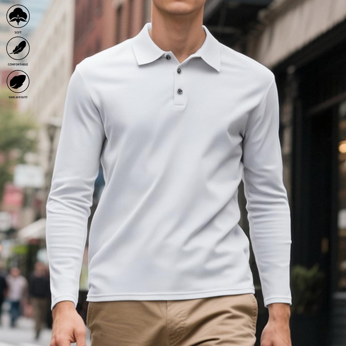 5PCS Men’s Soft Long Sleeve Polos – Solid Design & Skin-Affinity, Comfortable Fabric, TikTok Popular, Ideal for Casual Fall Outfits & Gifts for Him collar cuff design everyday commute