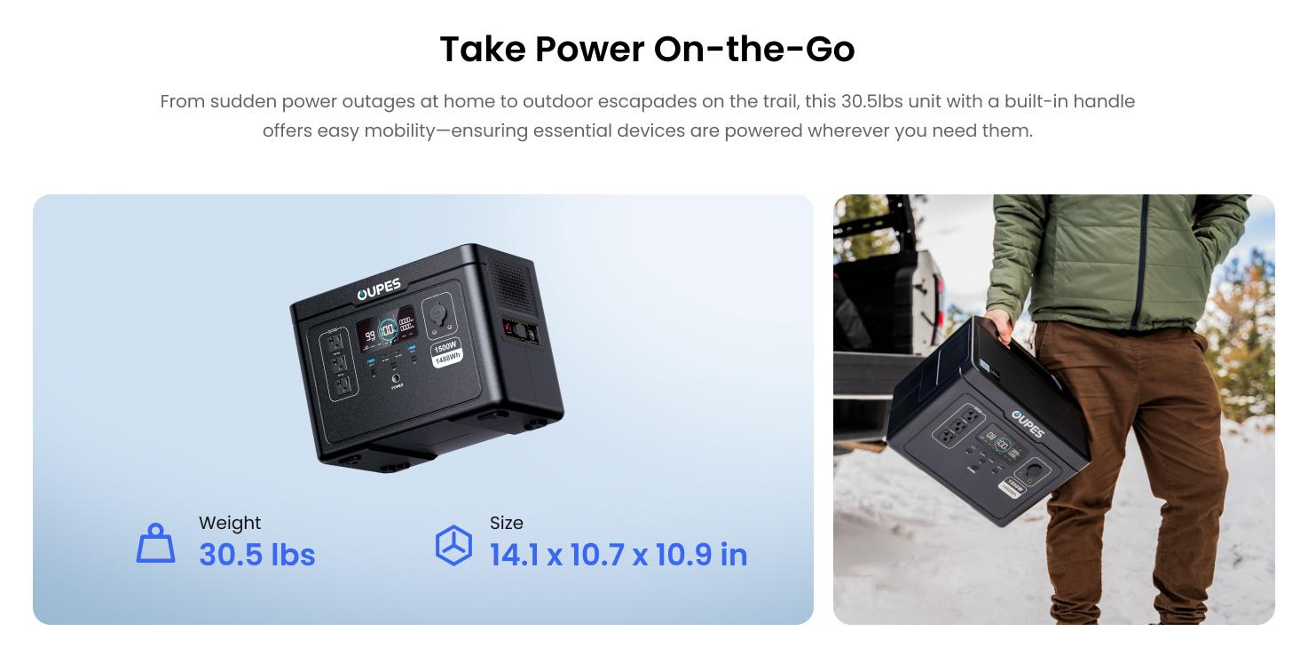 OUPES Exodus 1500W, 1488Wh Portable Power Station, LiFePO4 (LFP) Battery, 1500W AC(3600W Surge)/140W USB-C Output, APP Control, Solar Generator for Home Backup Power, Camping & RVs