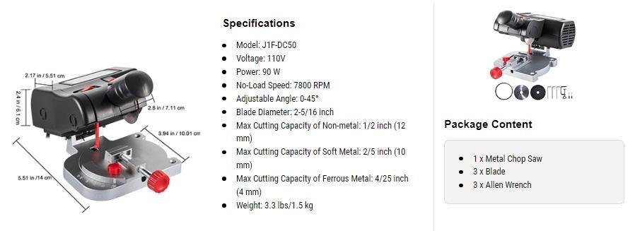 VEVOR Mini Miter Cut-off Chop Saw, Two 2-5/16" Blade of Steel and Resin with 1/2" Cutting Depth, 0~45° Benchtop Miter Saw for Copper, Aluminum, Wood, Zinc in Hobby Craft