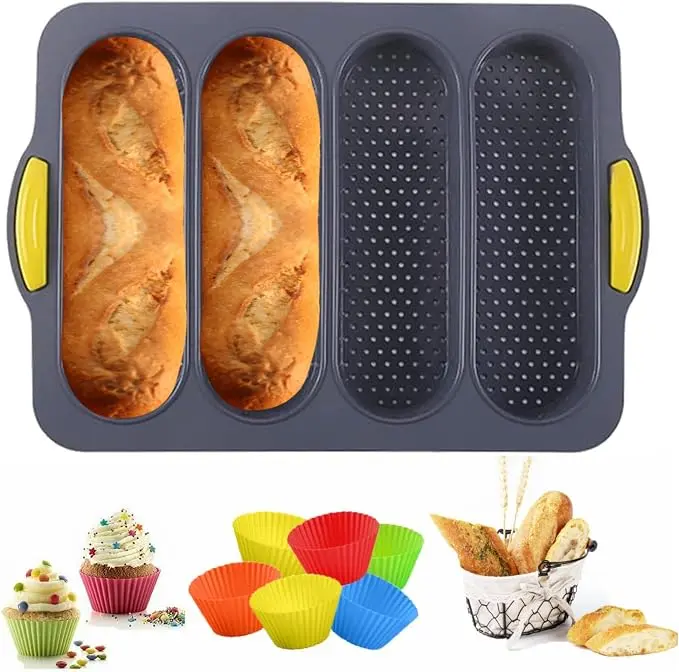Flexible Silicone Sub Roll Baking Tin Set - Non-Stick Multi-Cavity Pan with 6 Muffin Cups, Baguette & Sourdough Molds for Home Kitchen Baking, DIY Baked Goods Making