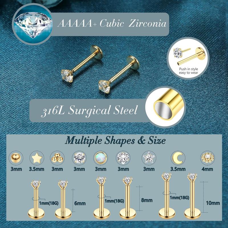 LOLIAS 20G 18G 16G Threadless Nose Studs Rings for Women Men 316L Surgical Steel Push in Flat Back Earrings CZ Lip Labret Nose Rings Studs Cartilage Helix Conch Medusa Nostril Tragus Piercing Jewelry 6mm 8mm 10mm Length