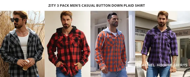 ZITY Men's Checkered Flannel Button-Front Hooded Jacket - Male Clothing, Fitted Regular-Fit Long-Sleeve Top with Drawstring Hood, Buttons, Pockets for Spring & Fall