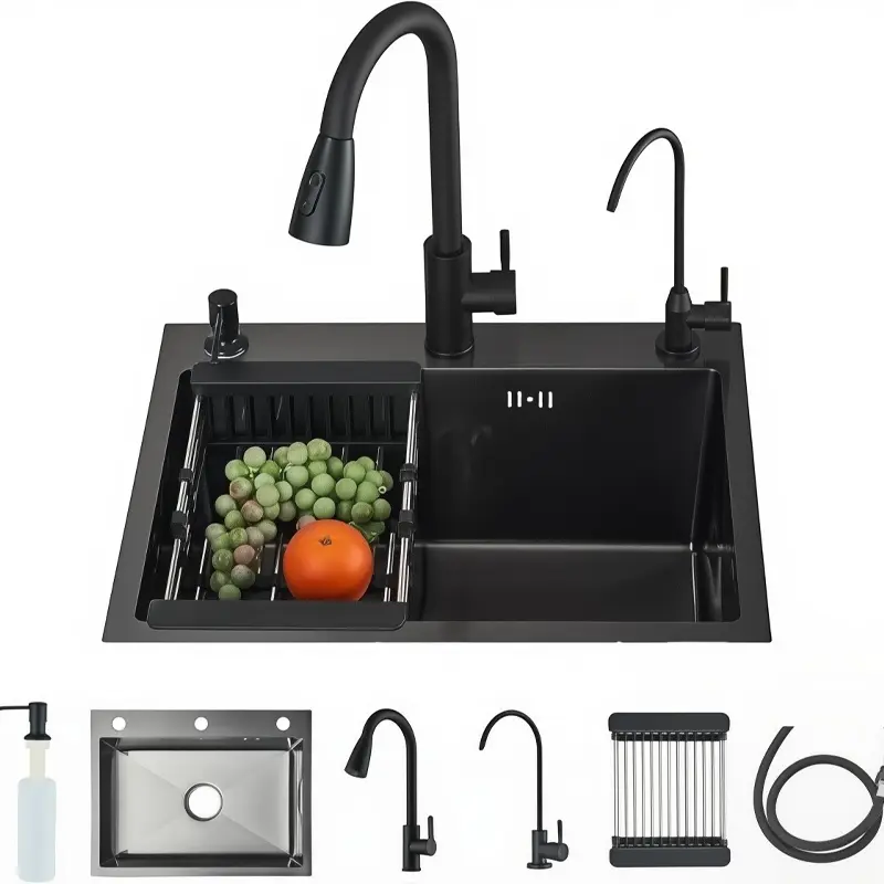 Stainless Steel Single Bowl Kitchen Sink - Black/Brushed Nickel Finish, Undermount/Top-Mount Workstation Sink with Pull-Out Faucet, Farmhouse Style, Includes Soap Dispenser & Drain Basket, Self- Center Drain, Modern Design for Contemporary Kitchens