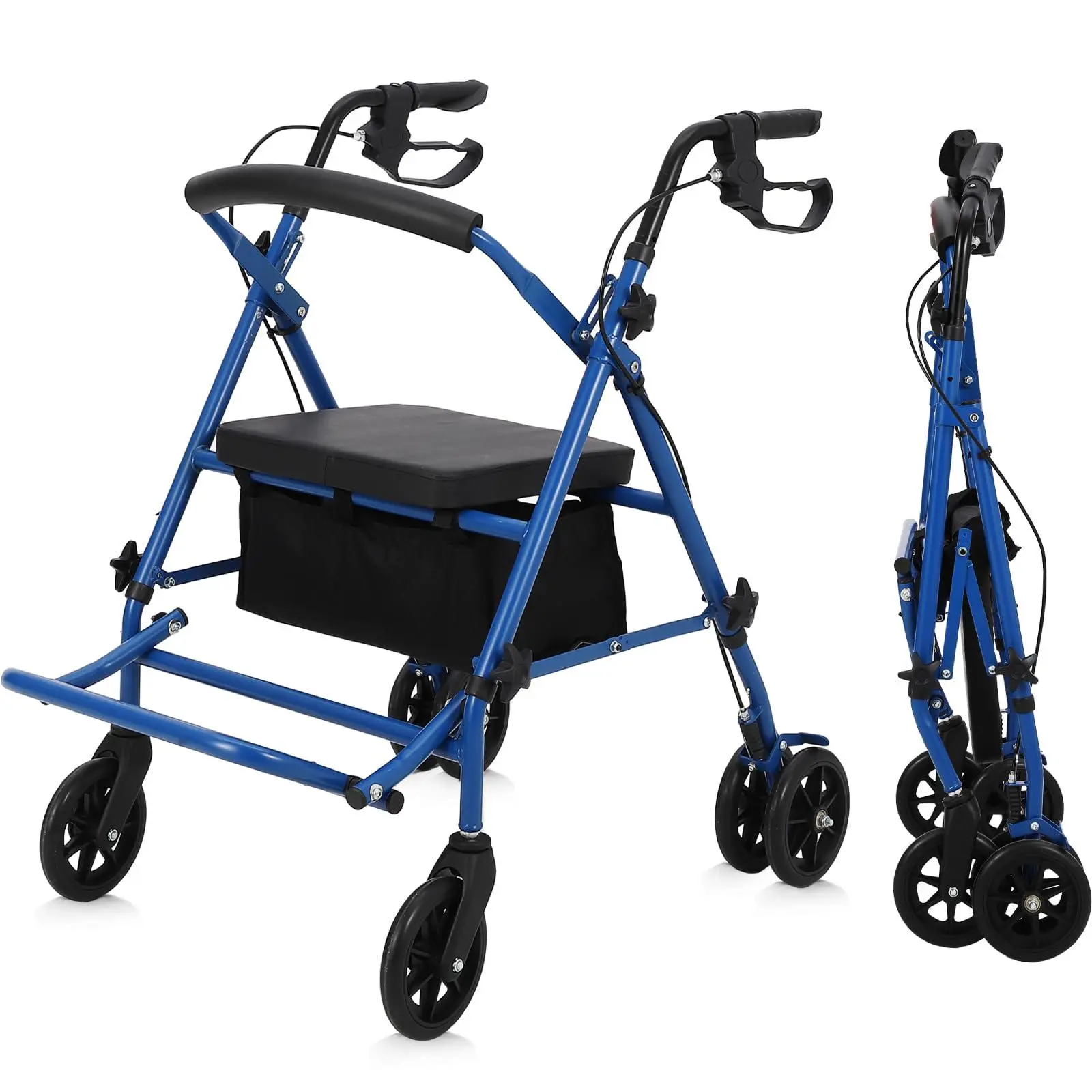 2-in-1 Rollator Walker-Wheelchair Transport Equipment, Narrow Foldable Aluminum Adult Walker with 6” All-Terrain Wheels, Seat, Backrest & Basket for Seniors