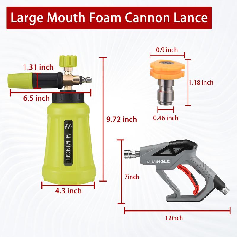 M MINGLE High Pressure Washer Gun Snow Foam Lance 4000 PSI Cannon Foam Blaster Power Washer with 1/4" Quick Connector Car Wash Foam Cannon Kit 5 Nozzle Tips 1 Liter，Christmas gifts