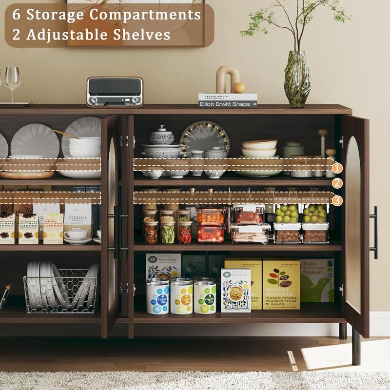Sideboard Buffet Cabinet with Storage, 55" Modern Sideboard Cabinet with 4 Fluted Glass Doors & Adjustable Shelves, Wood Buffet Console Table for Living Room, Kitchen, Dark Walnut