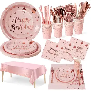 ZY Birthday Party Tableware, 161 Pieces Pink and Rosegold Party Supplies, Party Dinnerware Sets Include Paper Plates Napkins Cups Silverware, for Shower Engagement Parties Decoration -20 Serves Disposable Pack Plastic Knives Tablecloth Thick Utensils Wood