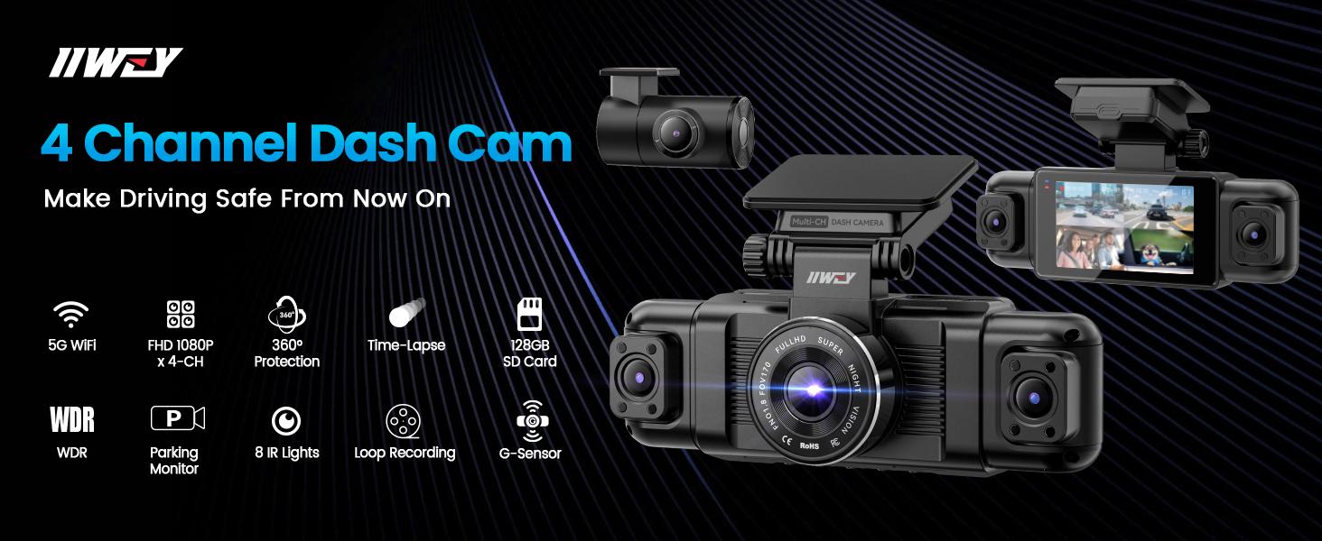 IIWEY N5 4 Channel Dash Cam 360° View 1080P Front & Rear 8 IR Lamps Night Vision 5G WiFi APP Control G-Sensor Parking Mode 128GB SD Card Included side  camera