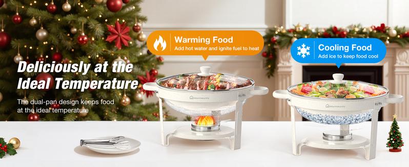 WARMOUNTS 5QT White Chafing Dishes for Buffet with Glass Lid 2/4 Pack, Maifanite-Coated Round Chafing Dish Set w/Mirror-Polished Stainless Steel Rolled Rim, Stackable, Lid Holder for Party, Wedding