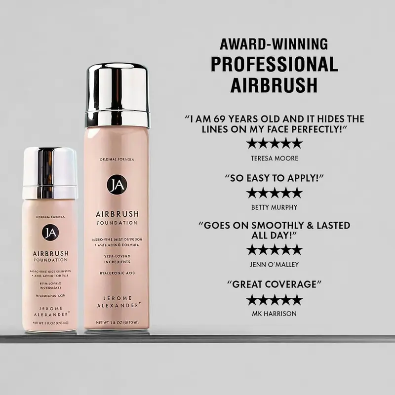 Jerome Alexander AirBrush Foundation Bottle (70ml) - Matte Full Coverage, Flawless Finish, with Hyaluronic Acid, Ascorbic Acid, Butane, Prunus Speciosa Flower Extract, Plumping Concealer Makeup