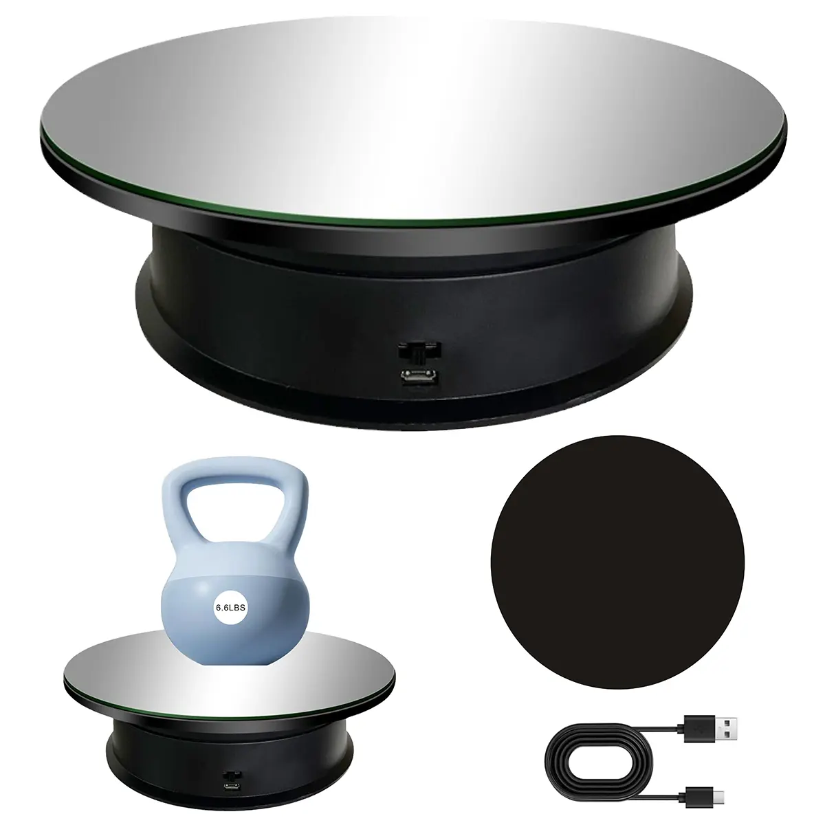 Motorized Rotating Display Stand, 8 in/Load 22 lbs Electric Turntable, 360 Degree Adjustable speed Revolving Base for Photography, Jewelry, 3D Models, Battery/USB Power Supply (Black,Mirror Cover), 360 Rotating Standing Platform, 360 Swivel Racks & Displa