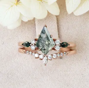 Janefashions Moss Agate Kite Cut Engagement Ring Wedding Band Bridal Ring Set Rose Gold Plate Sterling Silver R64