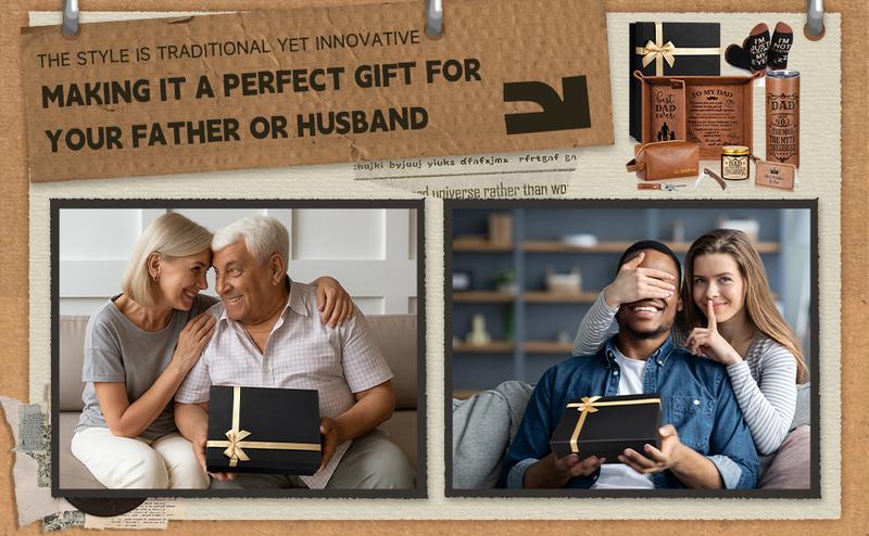 10 Pcs Valentine Gift for Men Dad Gift Set with Leather Tray Tumbler Toiletry Travel Bag Sock Scented Candle Wood Knife, Leather Gift Box From Son Daughter Wife for Father's Day Holiday Anniversary Birthday