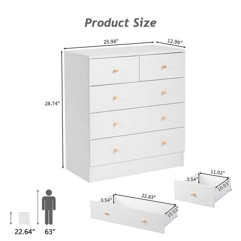 White dresser for bedroom, Chest of Drawer 5 drawer dresser with Gold Handle,Modern Sturdy Wood Storage Cabinet Nightstand for Bedroom,Living room