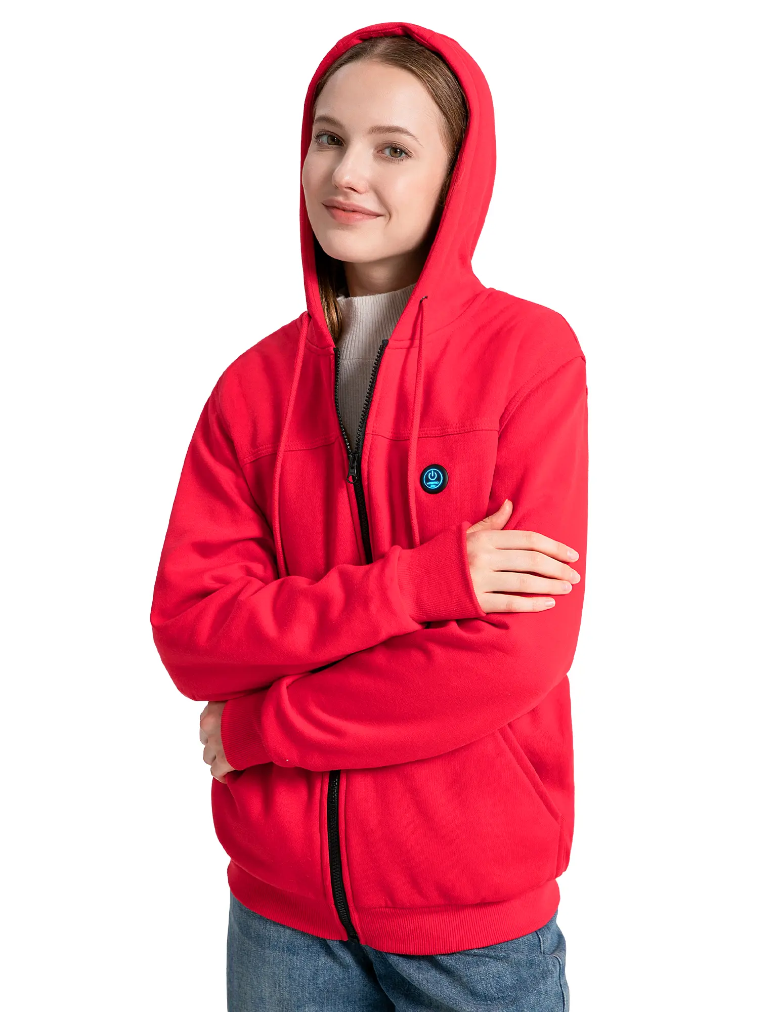 ANTARCTICA GEAR Unisex Fitted Heated Zip-Up Hoodie - Long-Sleeve Cotton Blend Full-Zip Outdoor Sports Top with 12V 15000mAh USB Battery Pack, Heating Zones, 3 Pockets, Outdoor Camping Use, Hand Washable, Display