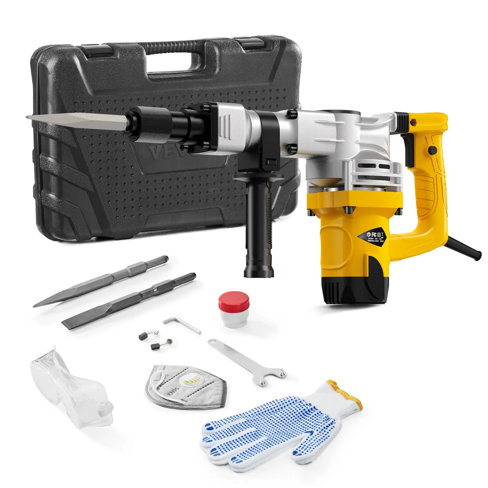 【Summerfinds】VEVOR 1400W Heavy Duty Electric Demolition Jack Hammer, 2900 BPM Concrete Breaker with High Torque Impact, 1 Point Chisel, 1 Flat Chisel, Concrete Drill Bits, Storage Case, Gloves, Goggles, Low Temperatures After Work, Improves Life Span, Dem