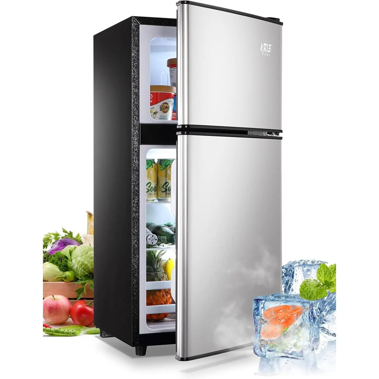 KRIB BLING 3.5 Cu.ft 2-Door Compact Refrigerator with Freezer - Vintage Fridge, Compressor Cooling, Silver, Chrome Handle, Removable Shelves, 7-Level Temperature Control, Dorm Refrigerator for Bedrooms,Dormitories