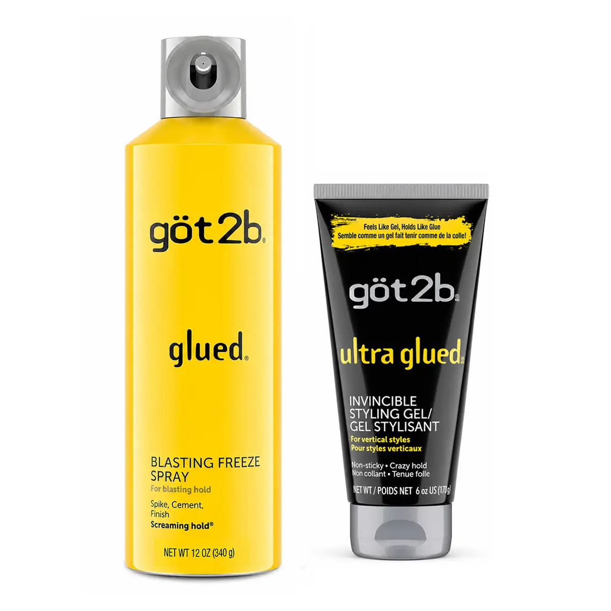 got2b Glued Styling Duo, Blasting Freeze Hairspray 12 oz + Ultra Glued Styling Gel 6 oz, Strong Hold for Sleek & Spiked Styles