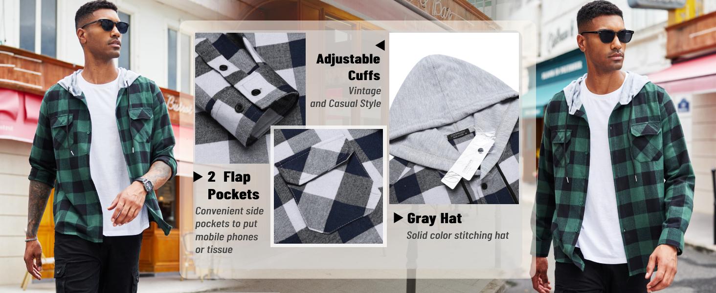 COOFANDY Men's Plaid Hoodie Flannel Shirt Jacket Long Sleeve Casual Fashion Button Shirts