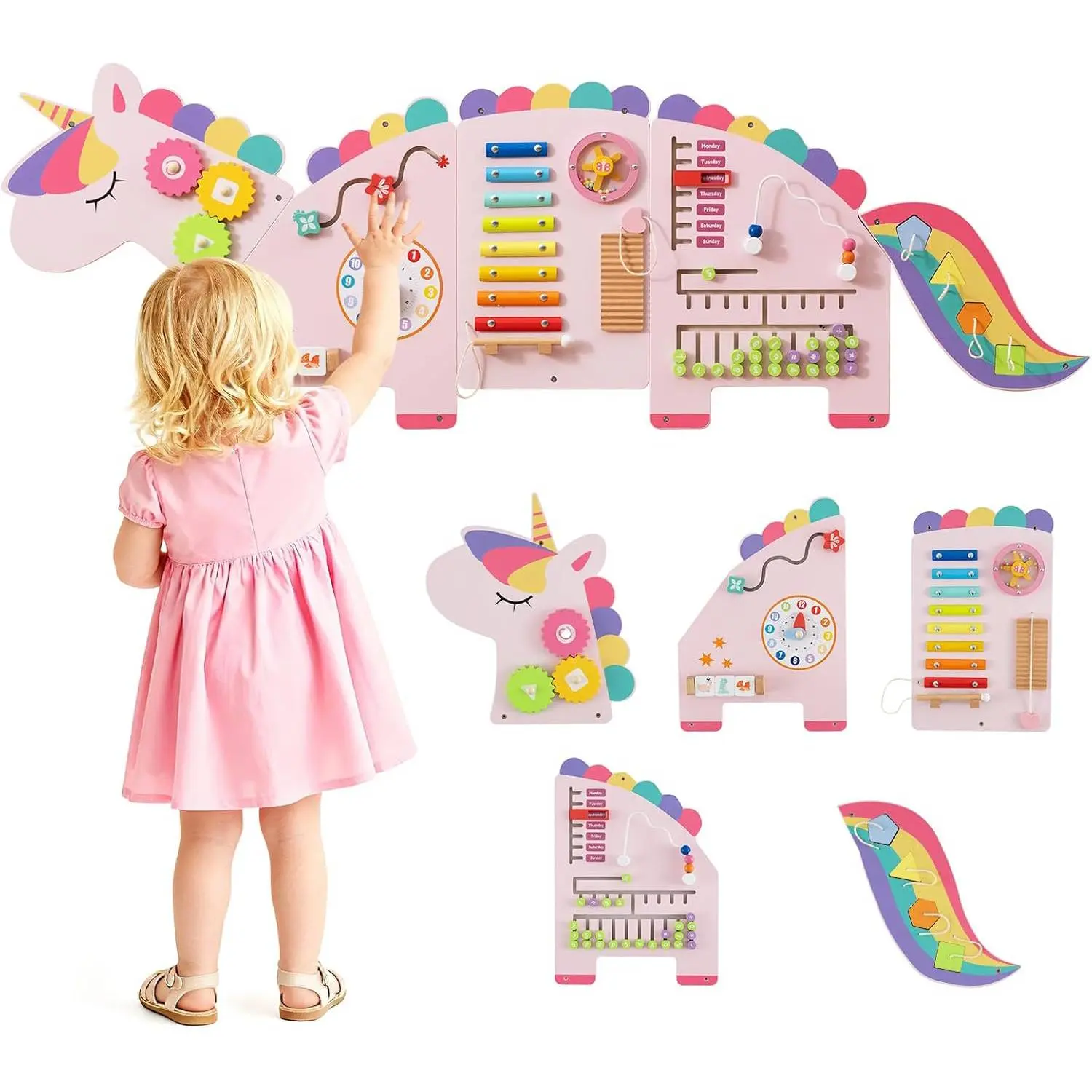 Costzon 11-in-1 Wooden Sensory Wall Panel Multi-Activity Playset, Unisex Preschool Montessori Busy Board Preschool Learning Tool with Clock, Rotary Gears, Flipping Blocks, Xylophone & More, Sensory Play Set Toddler Gifts