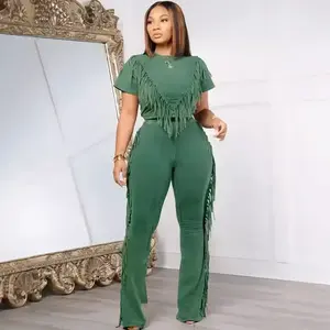 summer spring clothes 2025 new Tassel Two Piece Set for Woman Y2K Clothes Casual T-shirt Top and Flare Pants Sporty Fitness Tracksuit