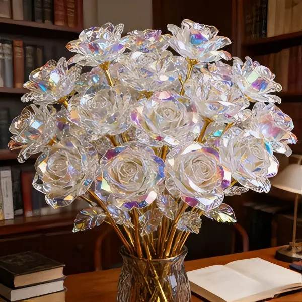 19pcs Sparkling Eternal Crystal Rose Bouquet - Elegant and Shiny Plastic Artificial Flowers, Realistic Rose Bouquet. Suitable for Weddings, Valentine's Day, Anniversary Centerpieces, Christmas Party Decorations, and as a Casual Gift - Easy to Care