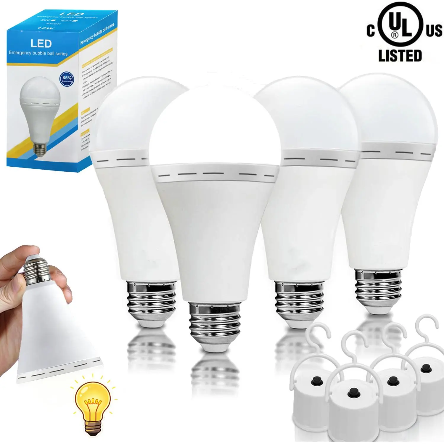 Rechargeable Battery Powered Emergency LED Bulb 1200mAh, 6000K Daylight 12W 60W Equivalent, E26/E27 Portable Emergency Lamp for Household Power Outage Hurricane Camping Outdoor Backup Light
