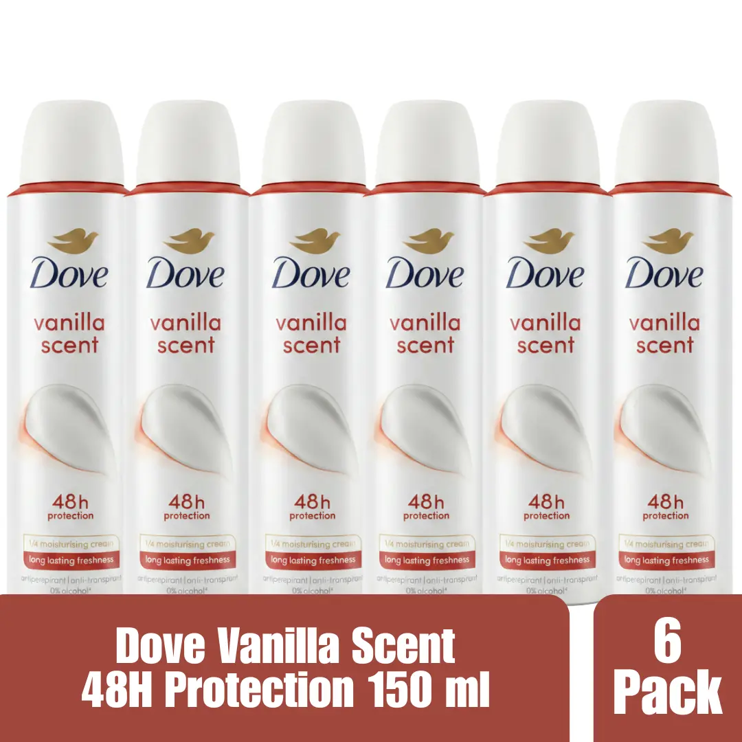 Dove Vanilla Antiperspirant Deodorant Spray, 48H Protection, 1/4 Moisturizing Cream, 0% Alcohol, Long-Lasting Freshness, 150ml (Pack of 6)