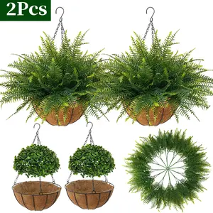 2 Set Artificial Hanging Fern Baskets UV Resistant Fake Ferns with Hanging Planters for Outdoor Patio Garden Home Decor