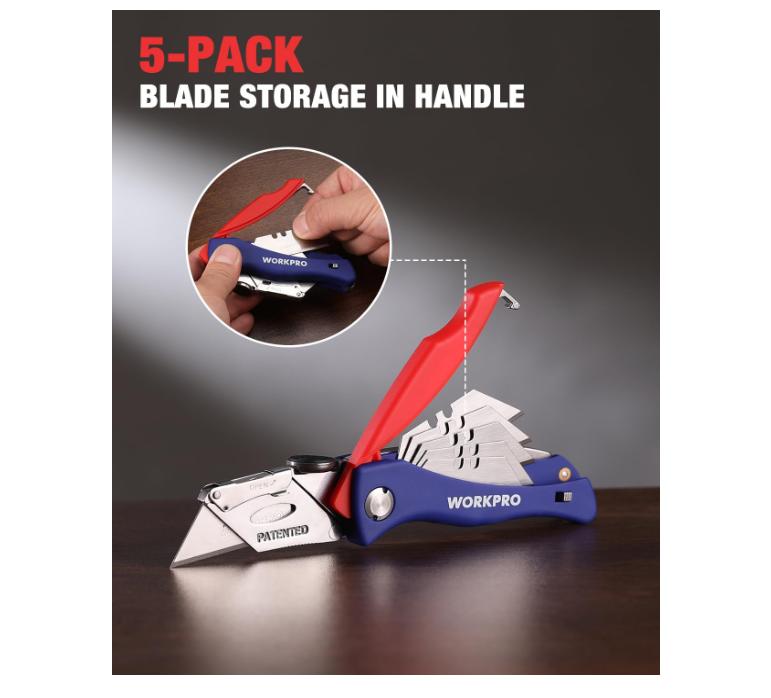 WORKPRO Folding Utility Knife, Quick-Change Box Cutter, Blade Storage in Handle with 5 Extra Blades Included