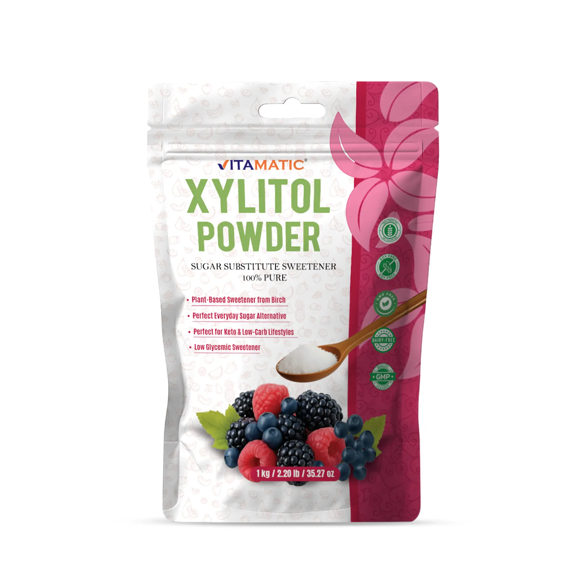 Vitamatic 100% Pure Birch-Derived Xylitol Powder - 1 KG (2.2 lb) Keto-Friendly Sugar Substitute, Low Glycemic, Non-GMO, Vegan, Gluten-Free, Gmo-Free, Sugar Free, Dairy Free