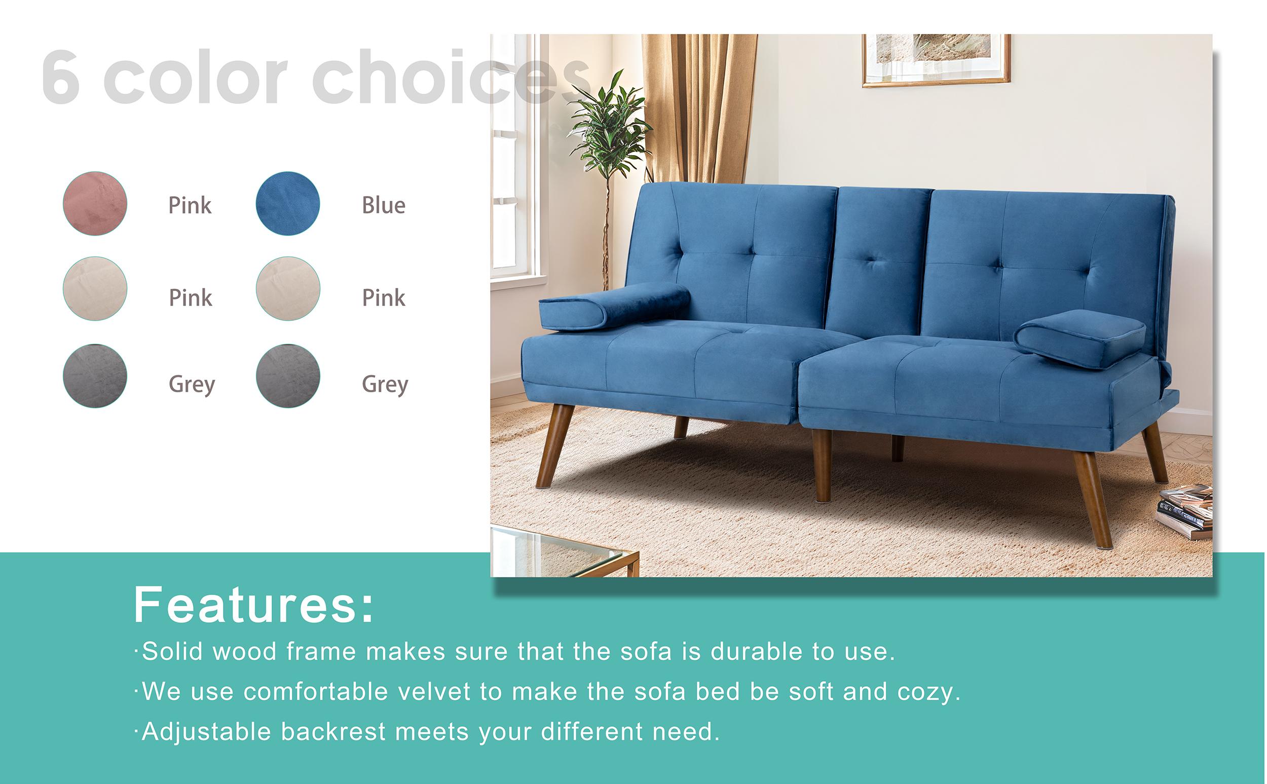 Walusunny 60” Convertible Sofa Bed Adjustable Fabric Couch Sleeper,  Recliner Reversible Loveseat Folding Daybed Guest Bed, Removable Armrests, Blue