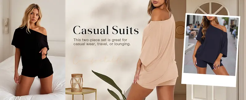 Fisoew Women's 2-Piece Lounge Set - Off-Shoulder Oversized Top & High-Waist Biker Shorts, Breathable Buttery-Soft Stretch Fabric, Casual Loungewear/Pajama Set for Home, Summer, Travel
