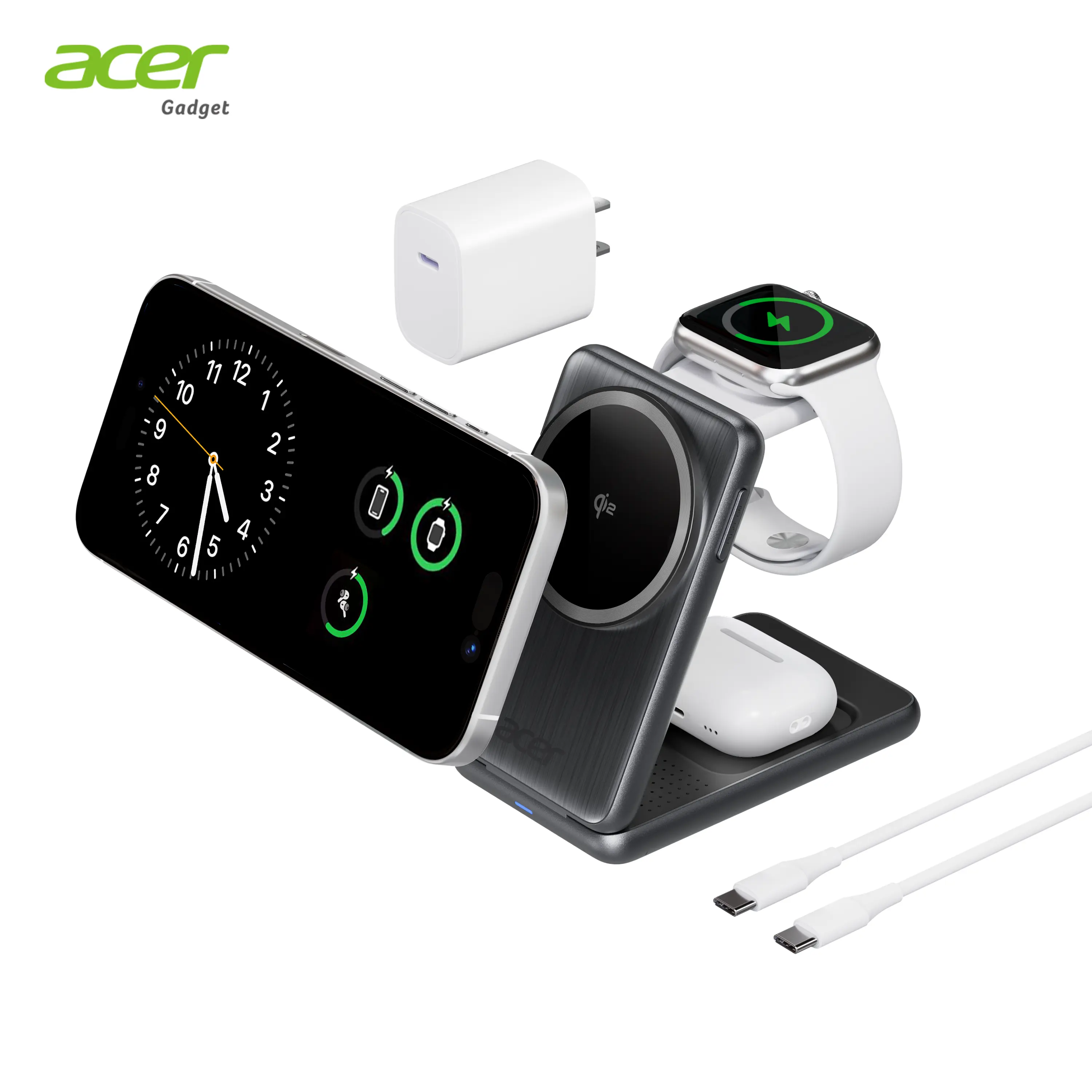 Acer S3 3 in 1 Wireless Charging Station, MagSafe Charger Stand Compatible, Qi2 15W Certified Palm-Sized Foldable Charger for iPhone 17/16, Apple Watch, AirPods (Non-Battery, Adapter Included) summerwins,back to school tiktokshopbacktoschool Grey
