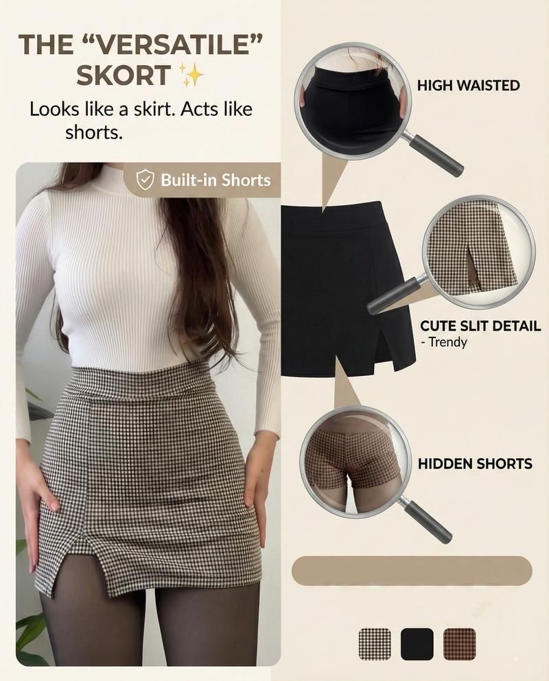 Curvy-faja Elegant Slit Shorts Skirt Women's Bottom Cute Elastic Flat Outdoor Style Suede with Front Split & Comfortable Performance Lined Short Perfect for Various Activities Neutral Tone Elastic Fabric Easy Wear Care