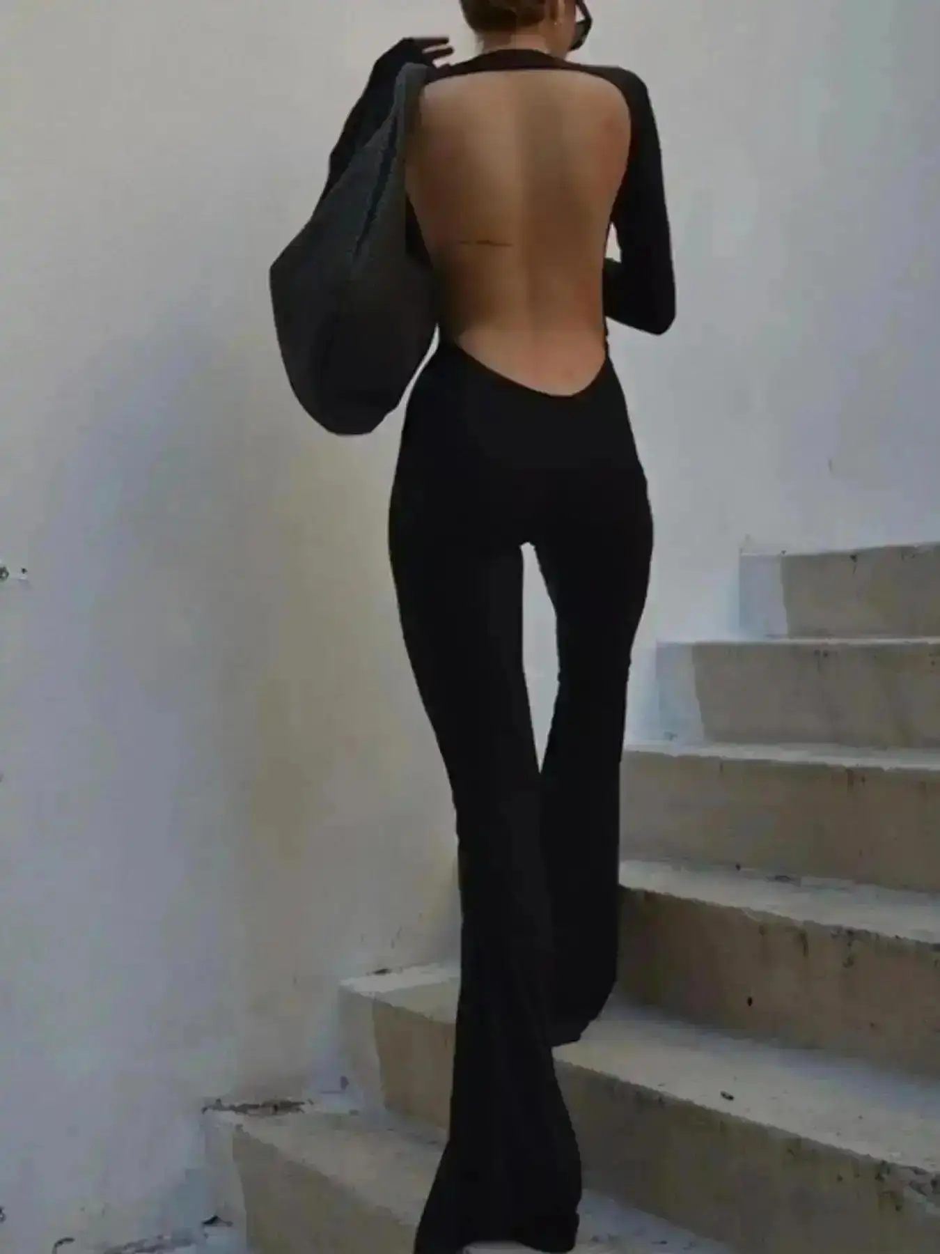 2026 Women's Solid Backless Flare Leg Jumpsuit, Sexy Long Sleeve Round Neck Bell Bottom Jumpsuit For Spring & Fall, Ladies Clothes For Daily Wear, Jumpsuit Romper One Piece Outfit Casual Daily Weekend Vacation