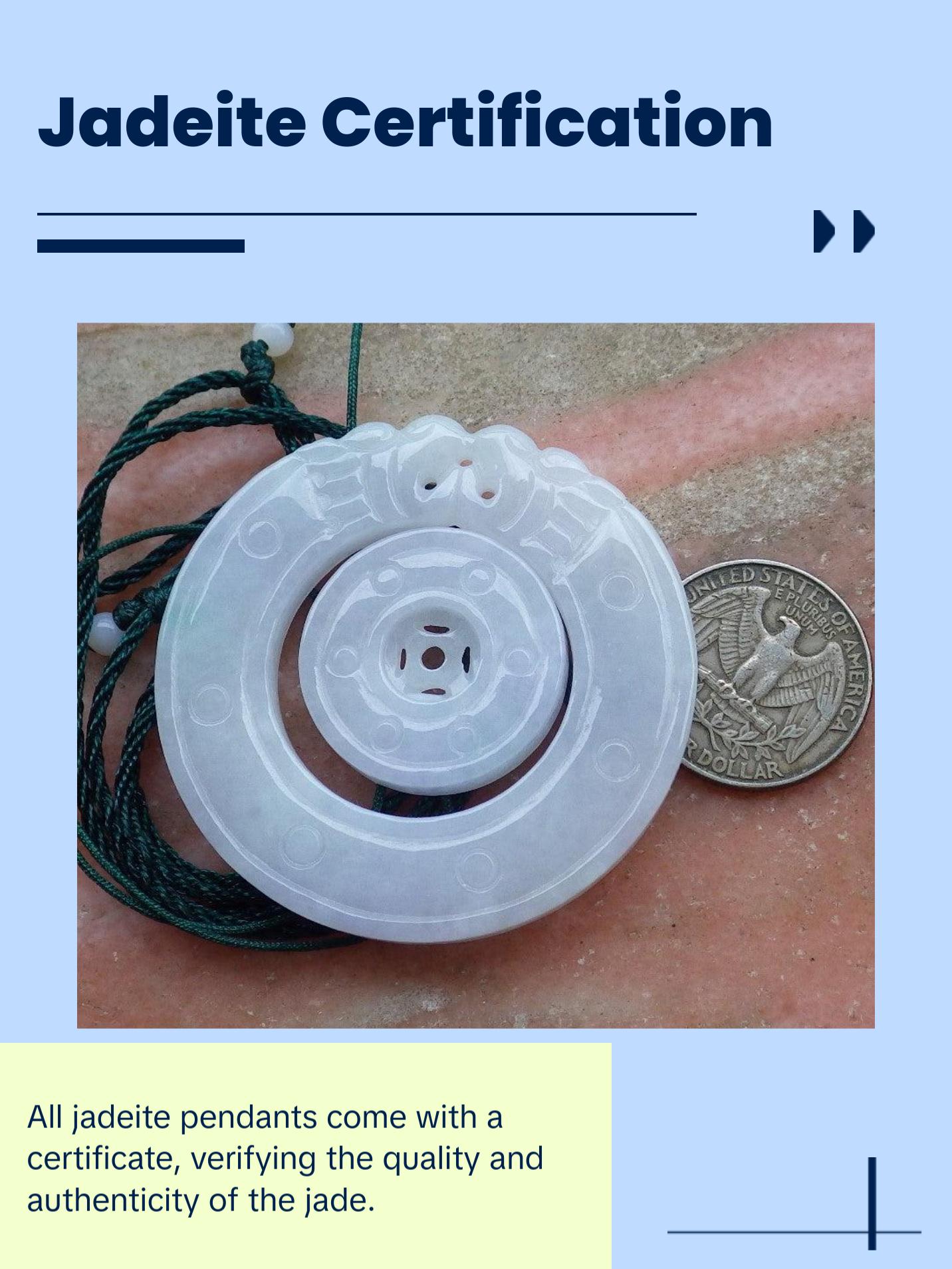 Certified Hand Carved Pale Lavender Green 100% Natural Myanmar Burma A Jade Jadeite Dragon Circle Donut Pendant Necklace