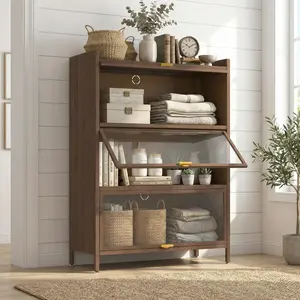 Spaco 44" Tall Modern Metal Cabinet with 3 Flip Doors, Ample Storage for Bedroom, Office, Walnut Finish