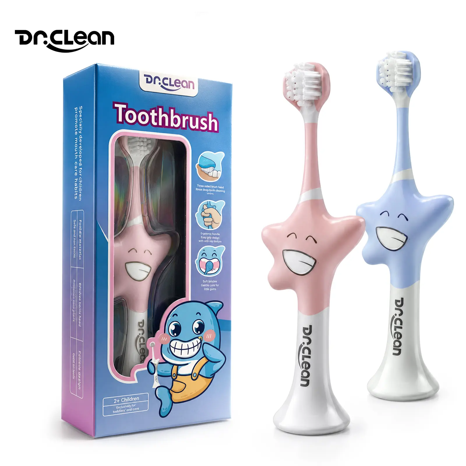 Dr. Clean New Children's Toothbrush – 3-Sided Brush Head, Soft Material, Cute Star Pattern – Training Toothbrush for All-Around Cleaning (Suitable for Ages 2–12)