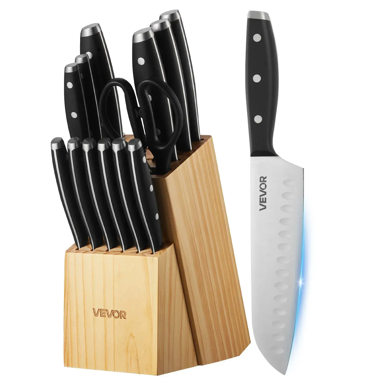 VEVOR 15-Pcs Stainless Steel Kitchen Knife Set - High Carbon Rust-Resist Sharp Blades, Ergonomic Handles, Sharpening Rod, Premium Wooden Block, Sharpener, Dishwasher Safe Storage for Home Cooks, Steak Prep, Holidays Gift Idea